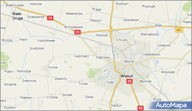 mapa Dąbrowa gmina Wieluń, Dąbrowa gmina Wieluń na mapie Targeo