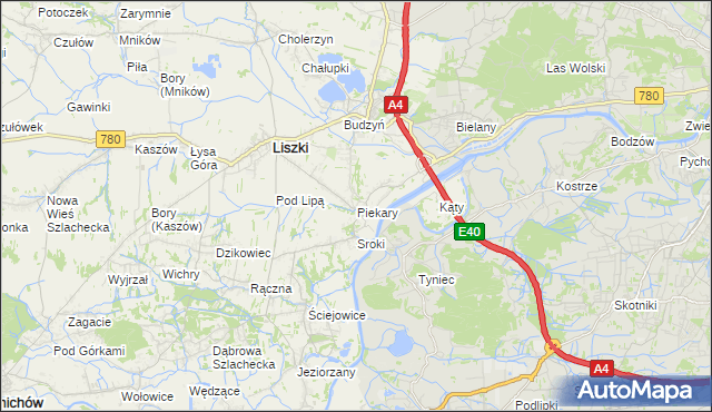 mapa Piekary gmina Liszki, Piekary gmina Liszki na mapie Targeo