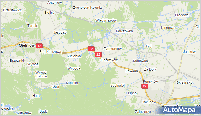 mapa Goździków gmina Gielniów, Goździków gmina Gielniów na mapie Targeo