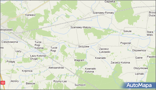 mapa Strzyżew gmina Łuków, Strzyżew gmina Łuków na mapie Targeo