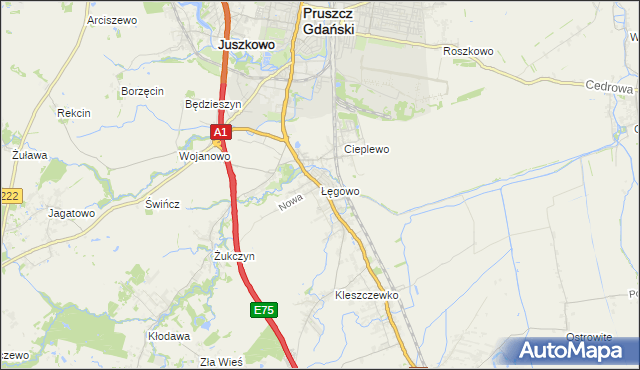 mapa Łęgowo gmina Pruszcz Gdański, Łęgowo gmina Pruszcz Gdański na mapie Targeo