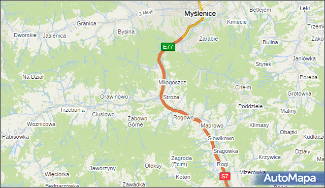 mapa Stróża gmina Pcim, Stróża gmina Pcim na mapie Targeo