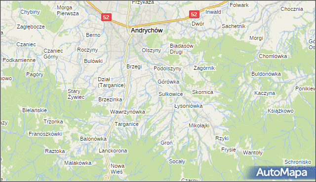 mapa Sułkowice gmina Andrychów, Sułkowice gmina Andrychów na mapie Targeo