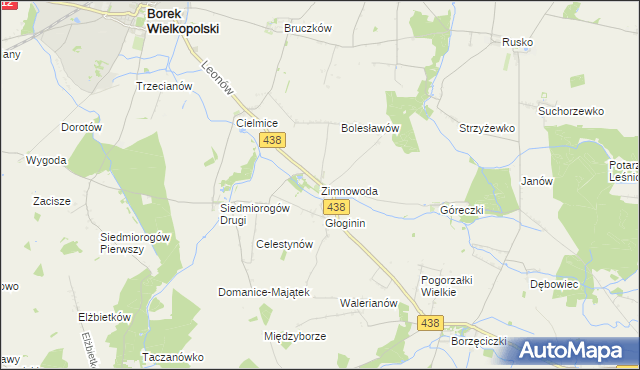 mapa Zimnowoda gmina Borek Wielkopolski, Zimnowoda gmina Borek Wielkopolski na mapie Targeo