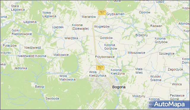 mapa Przyborowice gmina Bogoria, Przyborowice gmina Bogoria na mapie Targeo