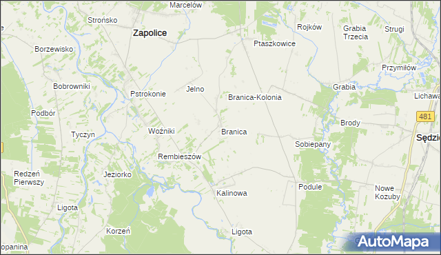 mapa Branica gmina Zapolice, Branica gmina Zapolice na mapie Targeo
