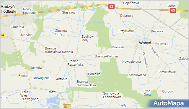 mapa Branica-Kolonia gmina Wohyń, Branica-Kolonia gmina Wohyń na mapie Targeo