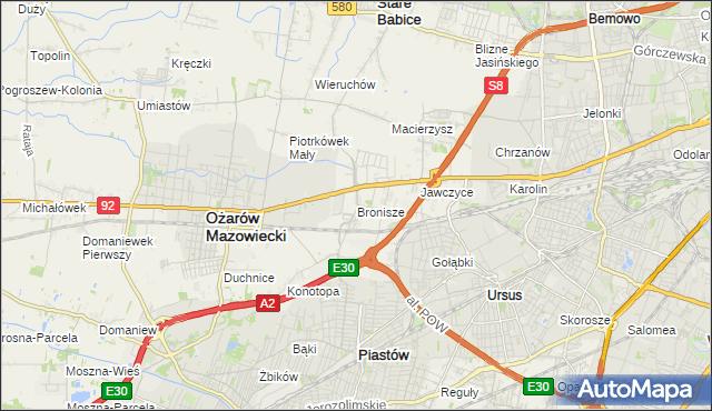 mapa Bronisze gmina Ożarów Mazowiecki, Bronisze gmina Ożarów Mazowiecki na mapie Targeo