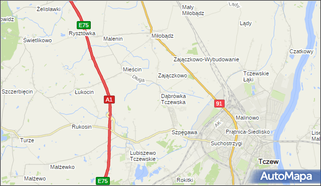 mapa Dąbrówka Tczewska, Dąbrówka Tczewska na mapie Targeo