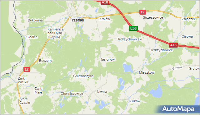 mapa Jasionów gmina Trzebiel, Jasionów gmina Trzebiel na mapie Targeo