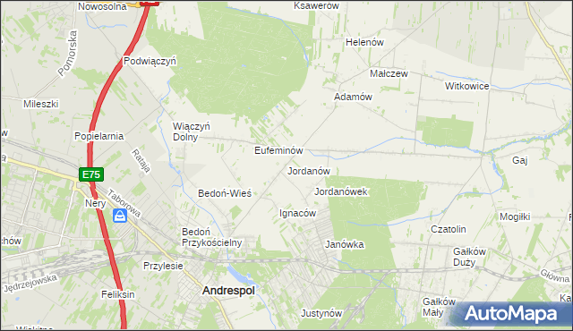 mapa Jordanów gmina Brzeziny, Jordanów gmina Brzeziny na mapie Targeo