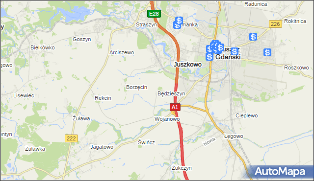 mapa Będzieszyn gmina Pruszcz Gdański, Będzieszyn gmina Pruszcz Gdański na mapie Targeo