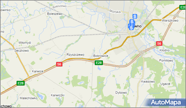 mapa Bobrowice gmina Sławno, Bobrowice gmina Sławno na mapie Targeo