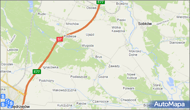 mapa Brus gmina Jędrzejów, Brus gmina Jędrzejów na mapie Targeo
