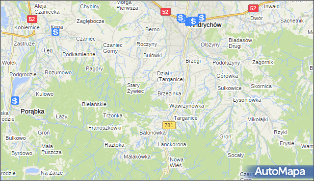 mapa Brzezinka gmina Andrychów, Brzezinka gmina Andrychów na mapie Targeo