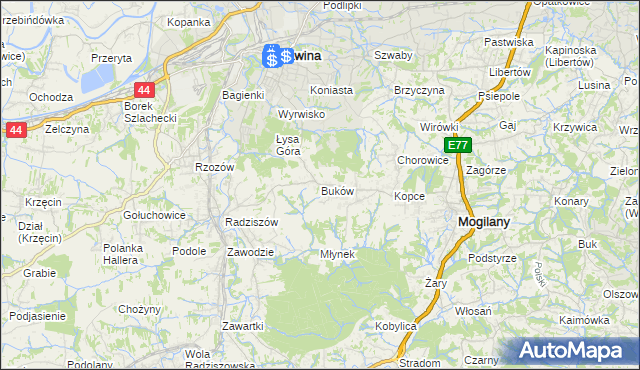 mapa Buków gmina Mogilany, Buków gmina Mogilany na mapie Targeo