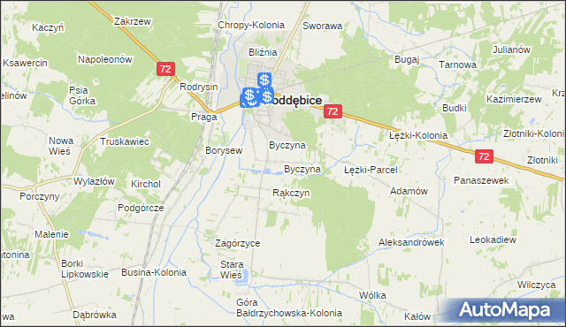 mapa Byczyna gmina Poddębice, Byczyna gmina Poddębice na mapie Targeo