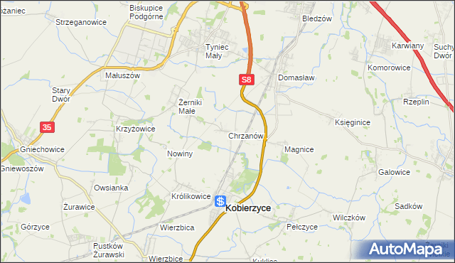 mapa Chrzanów gmina Kobierzyce, Chrzanów gmina Kobierzyce na mapie Targeo