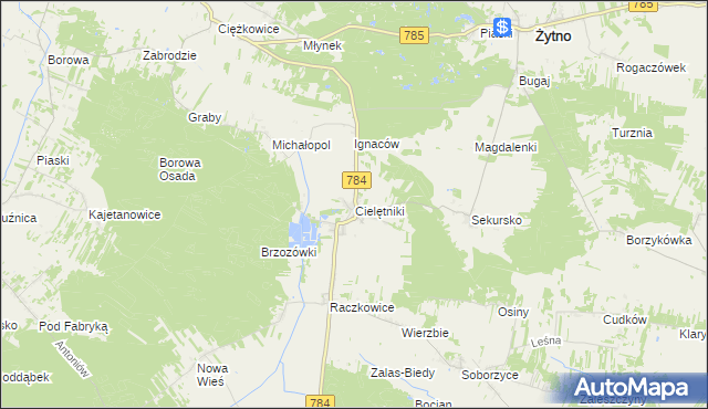 mapa Cielętniki gmina Dąbrowa Zielona, Cielętniki gmina Dąbrowa Zielona na mapie Targeo