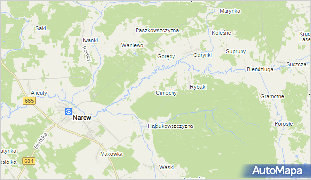 mapa Cimochy gmina Narew, Cimochy gmina Narew na mapie Targeo