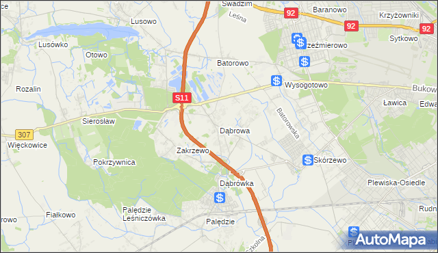 mapa Dąbrowa gmina Dopiewo, Dąbrowa gmina Dopiewo na mapie Targeo