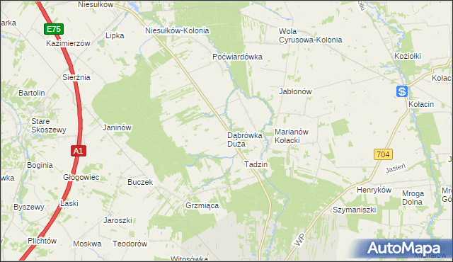 mapa Dąbrówka Duża gmina Brzeziny, Dąbrówka Duża gmina Brzeziny na mapie Targeo