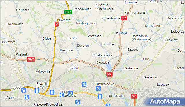 mapa Dziekanowice gmina Zielonki, Dziekanowice gmina Zielonki na mapie Targeo