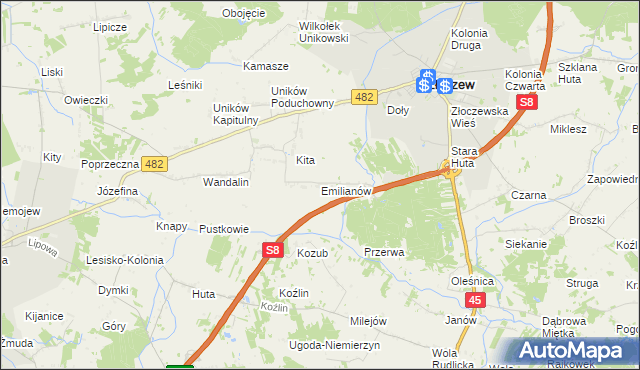 mapa Emilianów gmina Złoczew, Emilianów gmina Złoczew na mapie Targeo