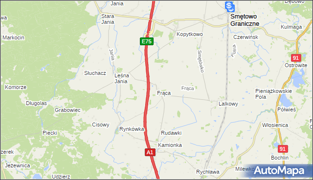 mapa Frąca gmina Smętowo Graniczne, Frąca gmina Smętowo Graniczne na mapie Targeo