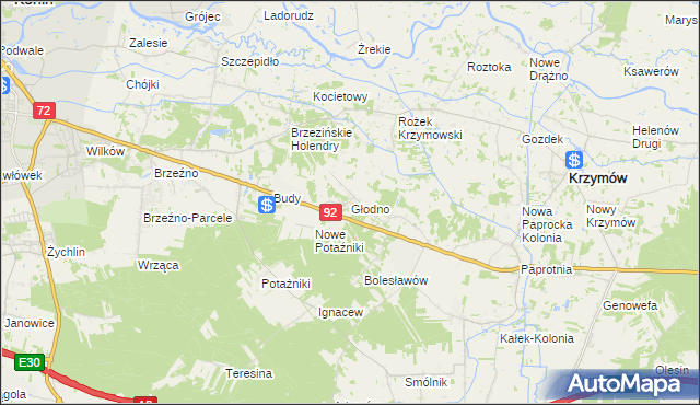 mapa Głodno gmina Krzymów, Głodno gmina Krzymów na mapie Targeo