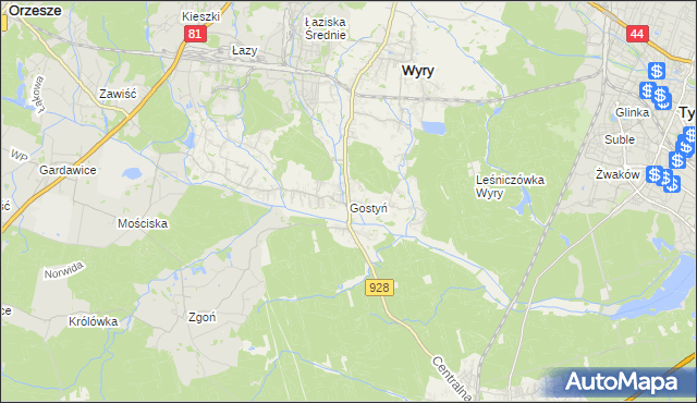 mapa Gostyń gmina Wyry, Gostyń gmina Wyry na mapie Targeo