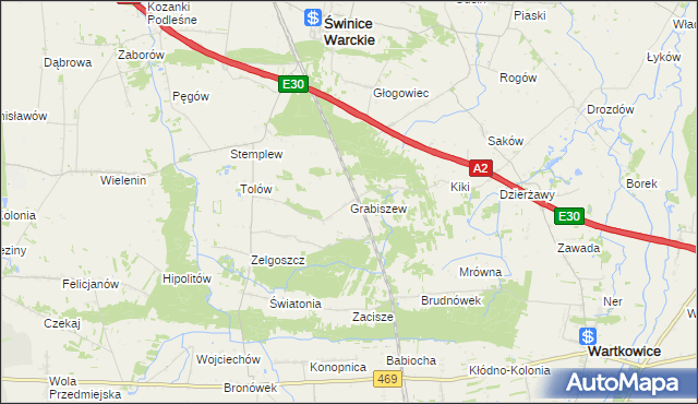 mapa Grabiszew gmina Wartkowice, Grabiszew gmina Wartkowice na mapie Targeo