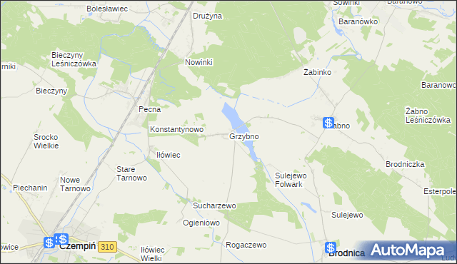 mapa Grzybno gmina Brodnica, Grzybno gmina Brodnica na mapie Targeo