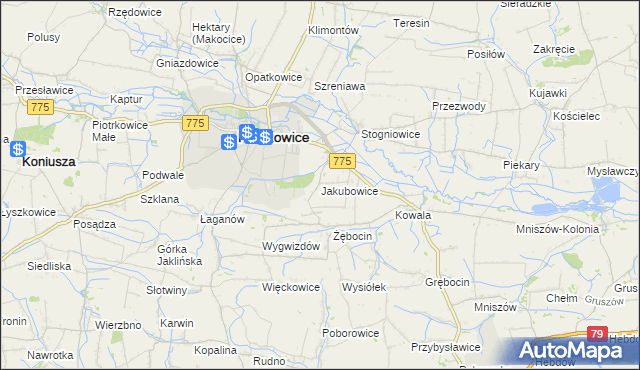 mapa Jakubowice gmina Proszowice, Jakubowice gmina Proszowice na mapie Targeo
