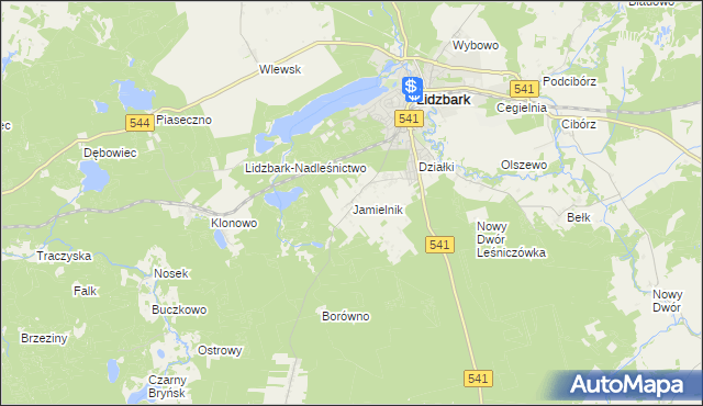 mapa Jamielnik gmina Lidzbark, Jamielnik gmina Lidzbark na mapie Targeo