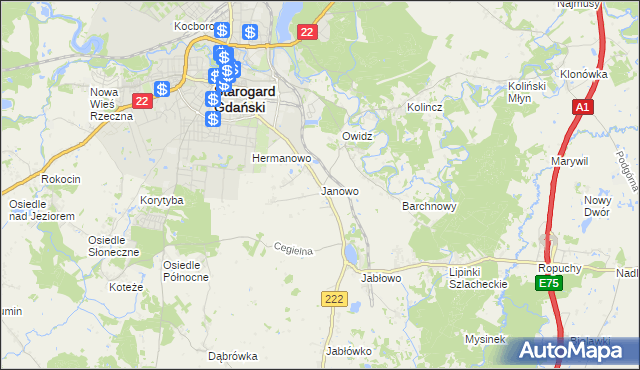 mapa Janowo gmina Starogard Gdański, Janowo gmina Starogard Gdański na mapie Targeo