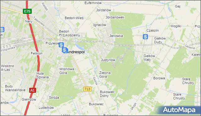 mapa Justynów gmina Andrespol, Justynów gmina Andrespol na mapie Targeo