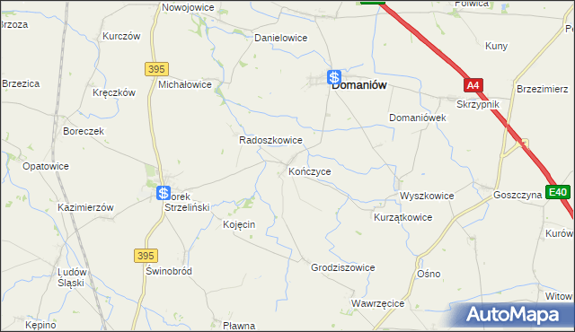 mapa Kończyce gmina Domaniów, Kończyce gmina Domaniów na mapie Targeo