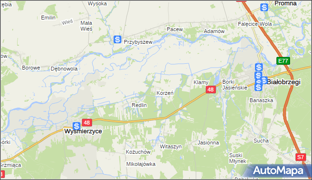 mapa Korzeń gmina Wyśmierzyce, Korzeń gmina Wyśmierzyce na mapie Targeo