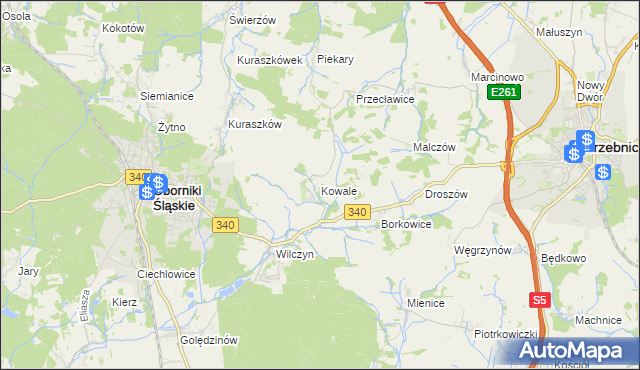 mapa Kowale gmina Oborniki Śląskie, Kowale gmina Oborniki Śląskie na mapie Targeo
