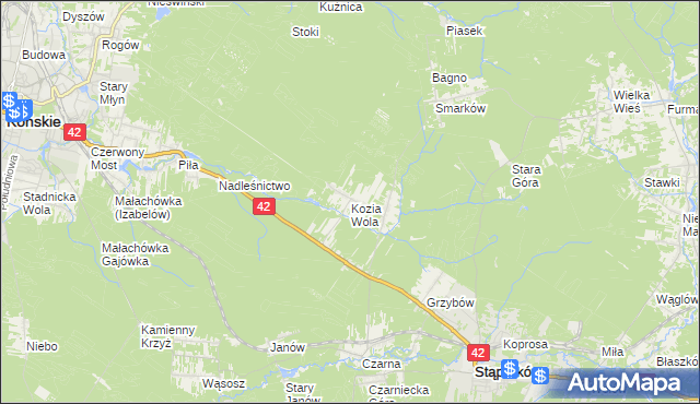 mapa Kozia Wola gmina Stąporków, Kozia Wola gmina Stąporków na mapie Targeo