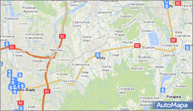 mapa Kozy powiat bielski, Kozy powiat bielski na mapie Targeo