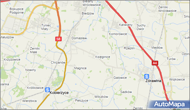 mapa Księginice gmina Kobierzyce, Księginice gmina Kobierzyce na mapie Targeo