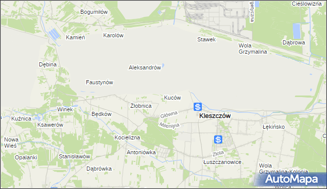 mapa Kuców gmina Kleszczów, Kuców gmina Kleszczów na mapie Targeo