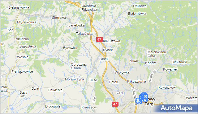 mapa Lasek gmina Nowy Targ, Lasek gmina Nowy Targ na mapie Targeo