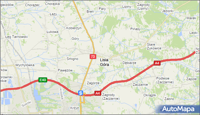 mapa Lisia Góra powiat tarnowski, Lisia Góra powiat tarnowski na mapie Targeo