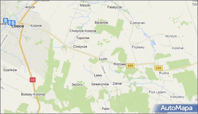mapa Łuzki gmina Łosice, Łuzki gmina Łosice na mapie Targeo