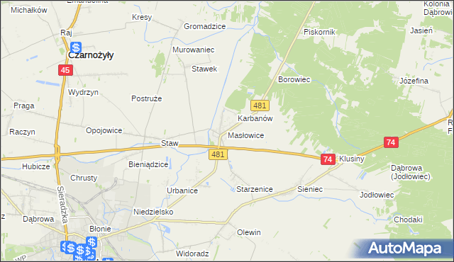mapa Masłowice gmina Wieluń, Masłowice gmina Wieluń na mapie Targeo