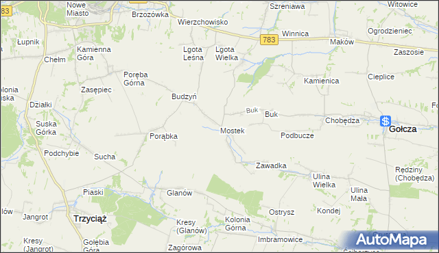 mapa Mostek gmina Gołcza, Mostek gmina Gołcza na mapie Targeo