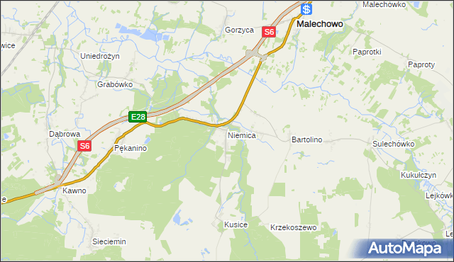 mapa Niemica gmina Malechowo, Niemica gmina Malechowo na mapie Targeo